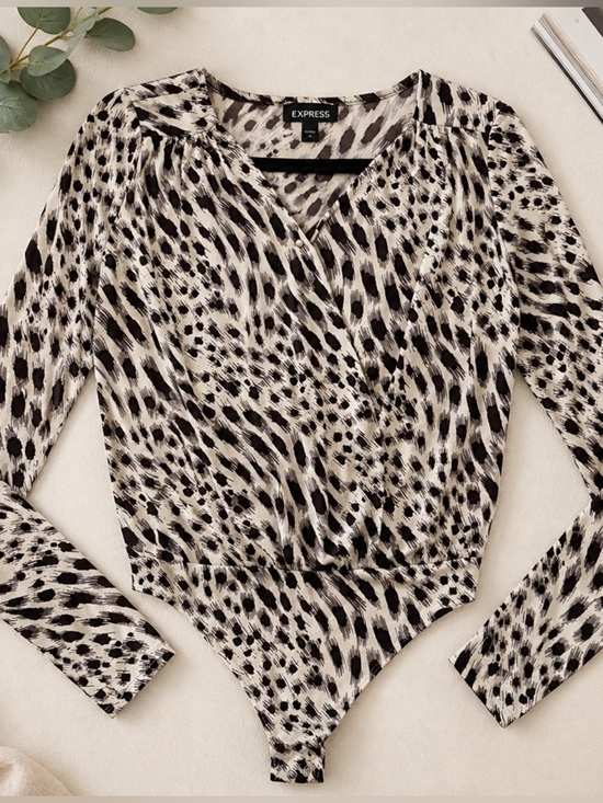 Express Tops - Express Animal Print Thong Style Long Sleeve Bodysuit Women’s XS